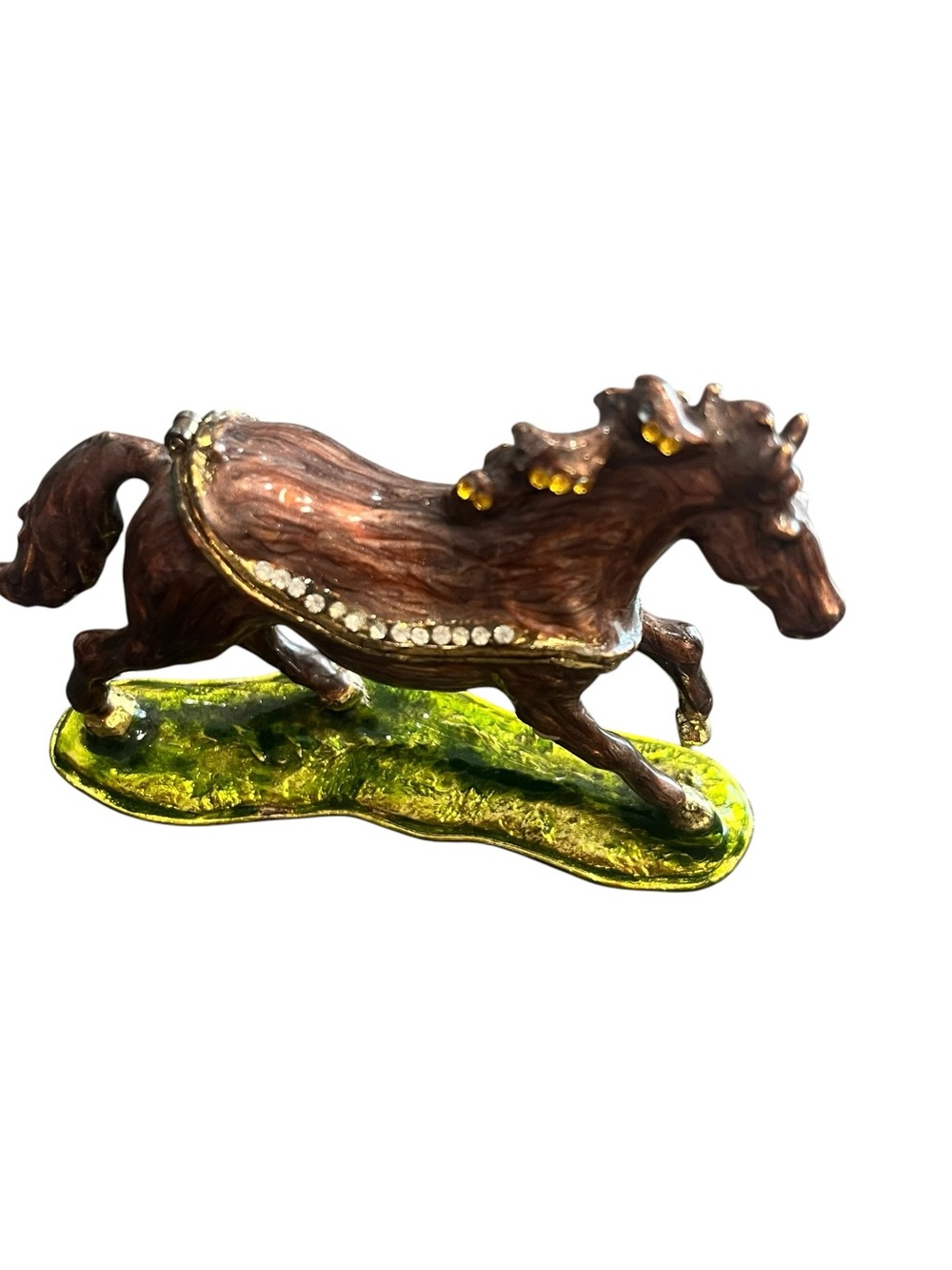 Awesome 4" Brass Enamel Horse Equestrian Jewelry Trinket Box